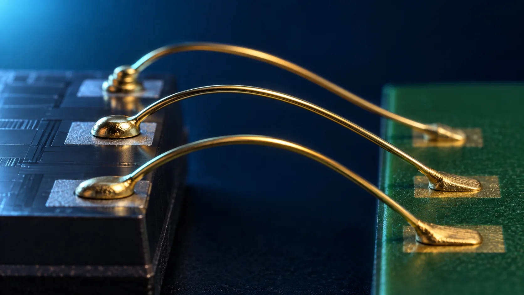 半導体チップの縁に並ぶ電極から、金色の細いワイヤが何本も弧を描いて基板へ伸びる様子を拡大した概念イメージ