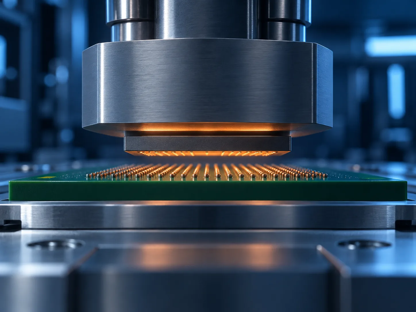 装置のボンドヘッドが薄い半導体チップを吸着し、基板の上へ精密に降ろしている様子を表した概念イメージ
