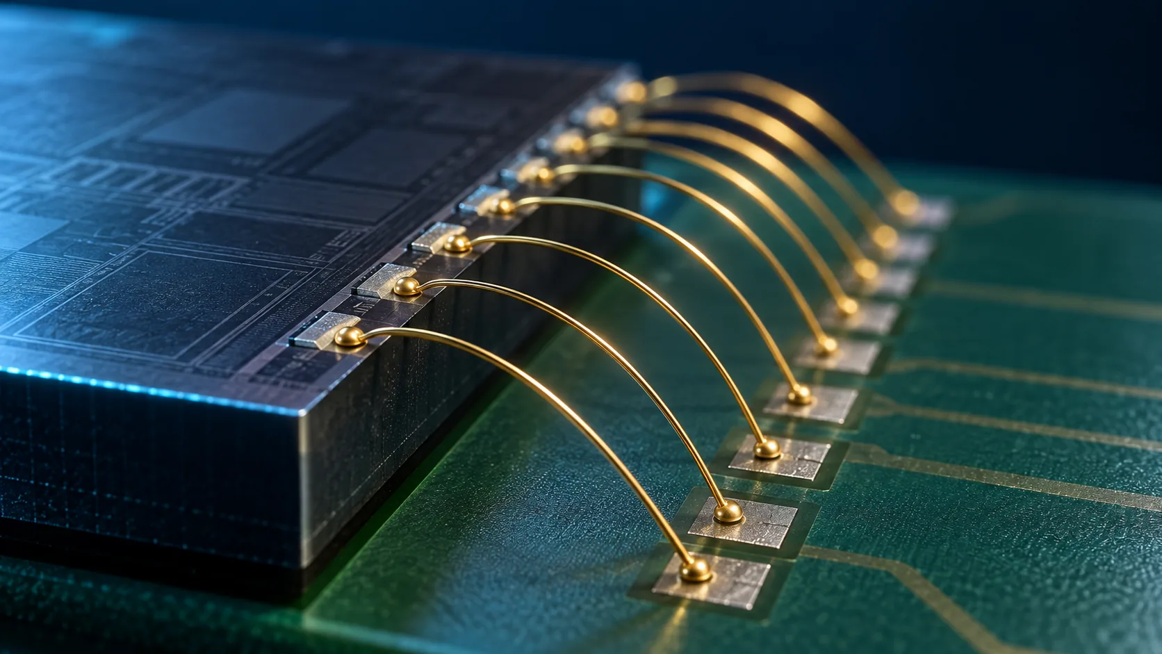 半導体チップの電極から基板へ、細い金属ワイヤが弧を描いて架かっている様子を拡大した概念イメージ