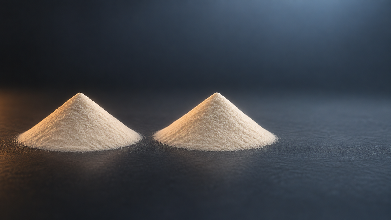 ヒーロー画像：ほとんど同じに見える二つの粉の山が並ぶ抽象イメージ