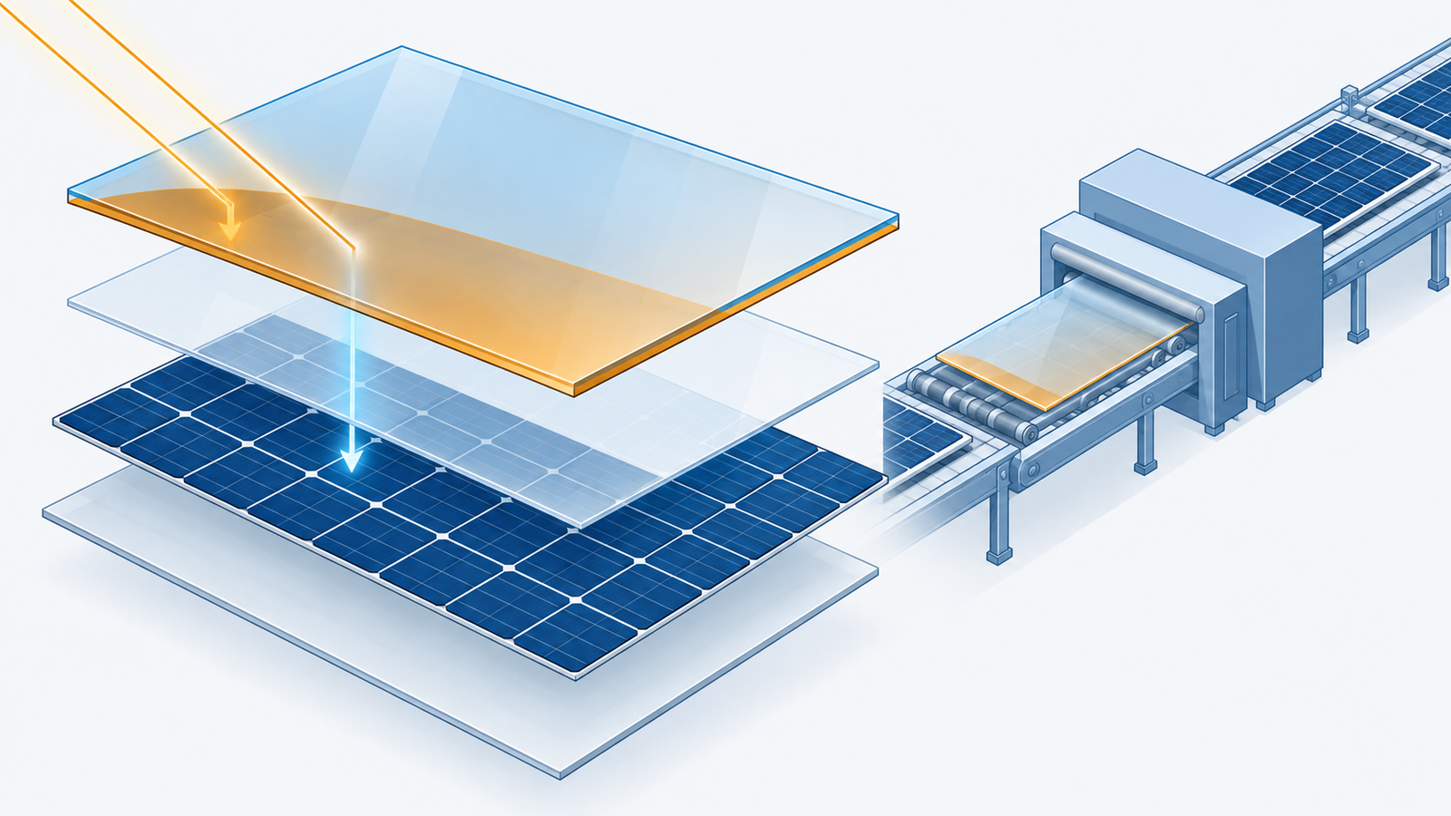 概念図：太陽電池モジュールの表面ガラスに薄い発電層を作り込み、その下のシリコンセルと2層で発電する構造