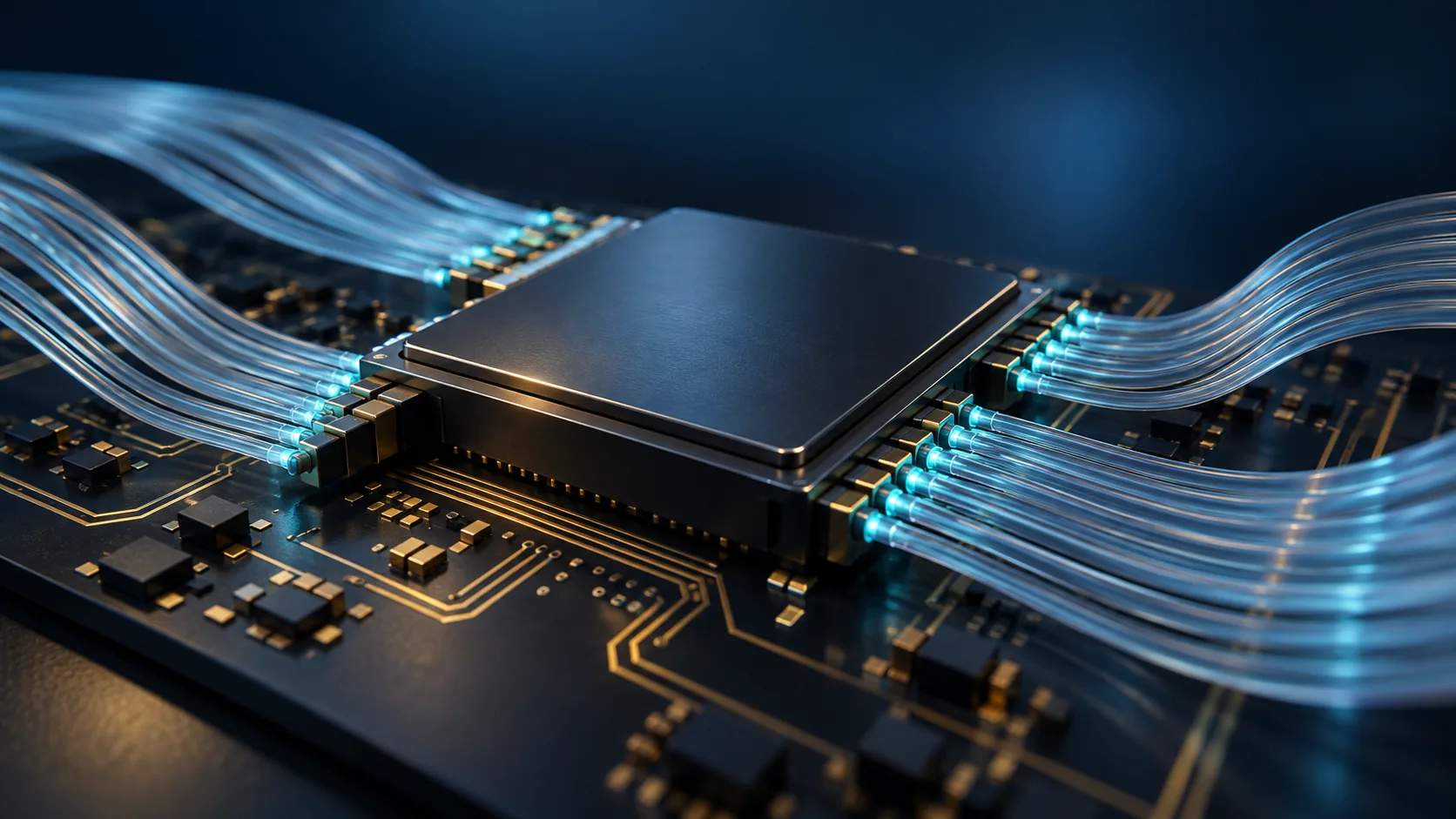 大型の半導体パッケージの周囲から細い光ファイバが束になって伸びている様子を表した概念イメージ