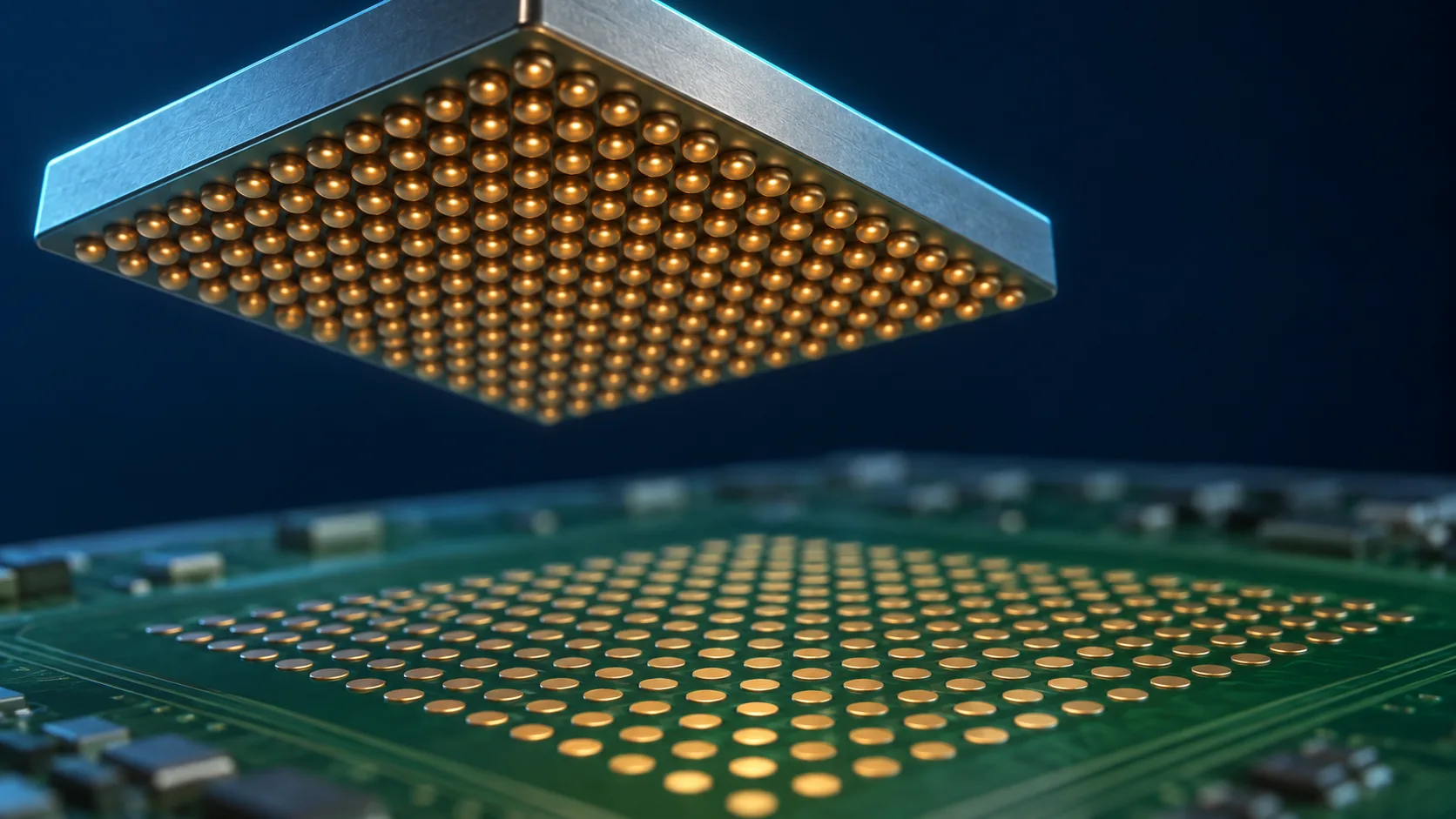 半導体チップが裏返しになり、裏面のバンプを下にして基板へ降りていく様子を表した概念イメージ