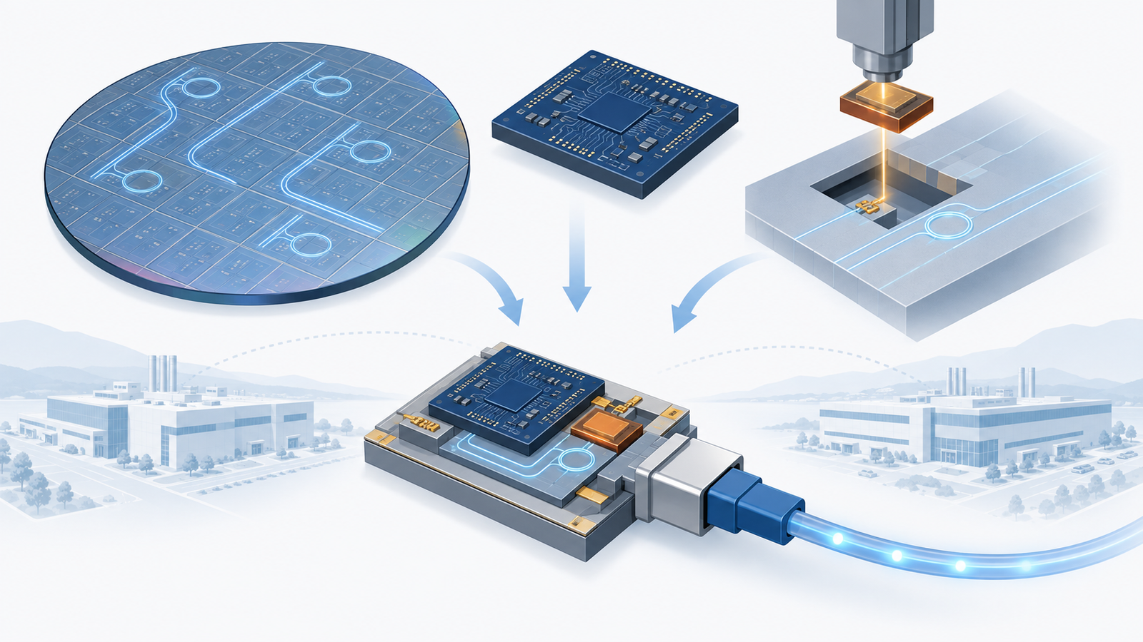 概念図：シリコンの光のチップ、電気のチップ、化合物半導体のレーザーが1つの工場の中で組み合わされていく様子