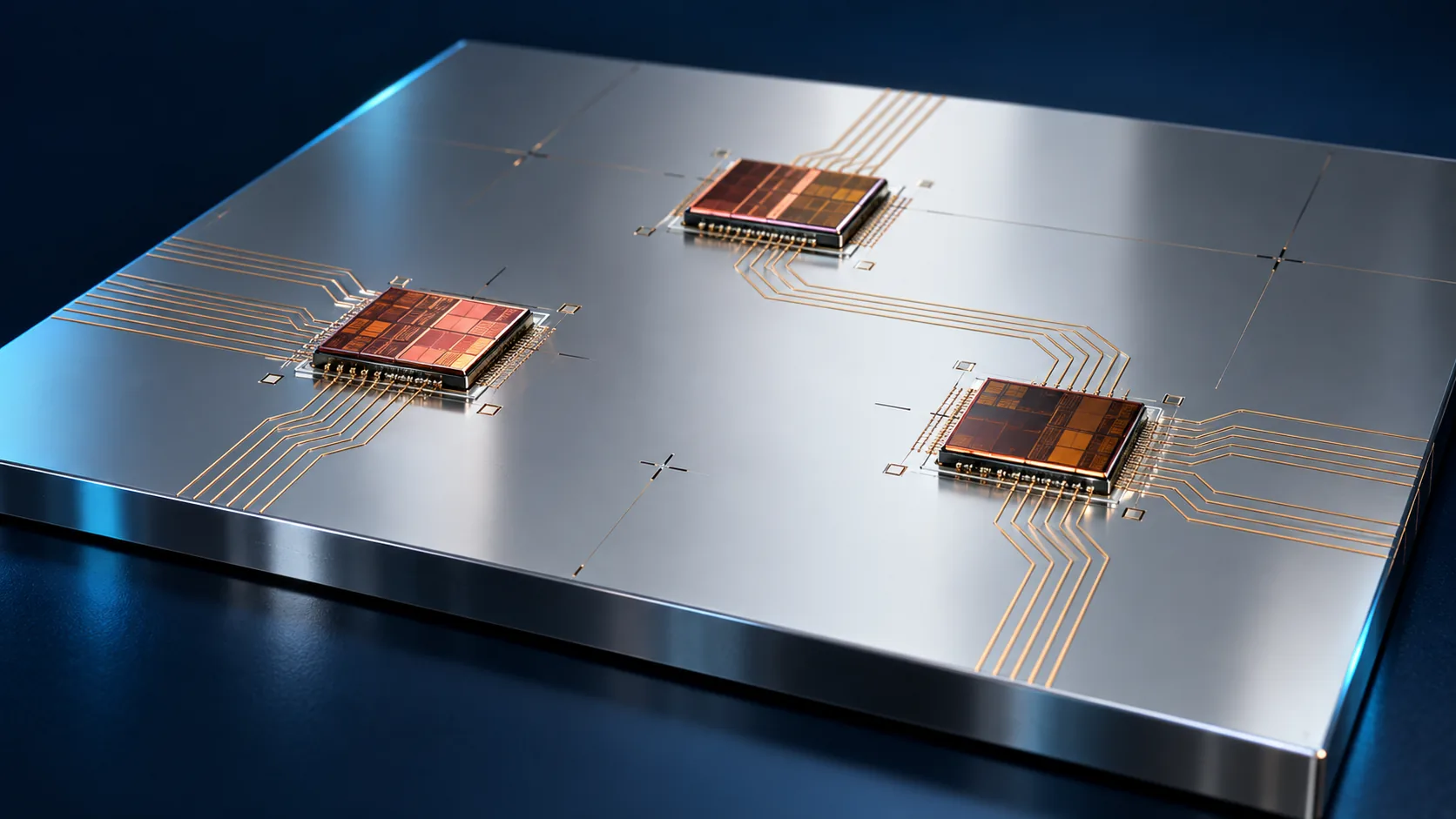 色味の異なる小さな化合物半導体のチップが、大きなシリコンインターポーザの上に精密に配置されている概念イメージ