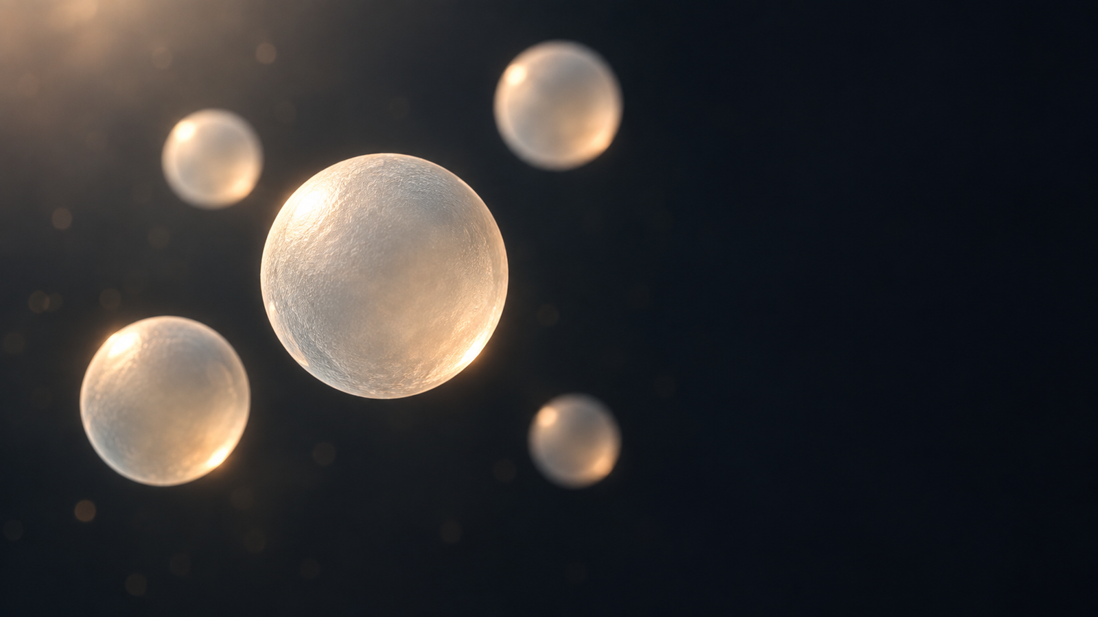 ヒーロー画像:暗い背景に浮かぶ、半透明の小さな球体がいくつか並ぶ