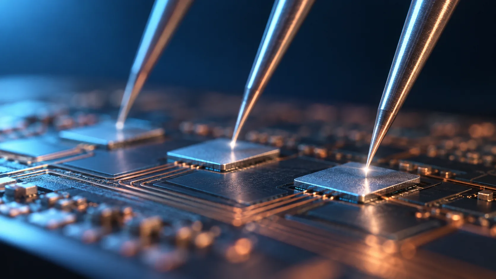 多数の微細な針が並んだプローブカードがシリコンウェーハの電極パッドに接触する様子を拡大した概念イメージ