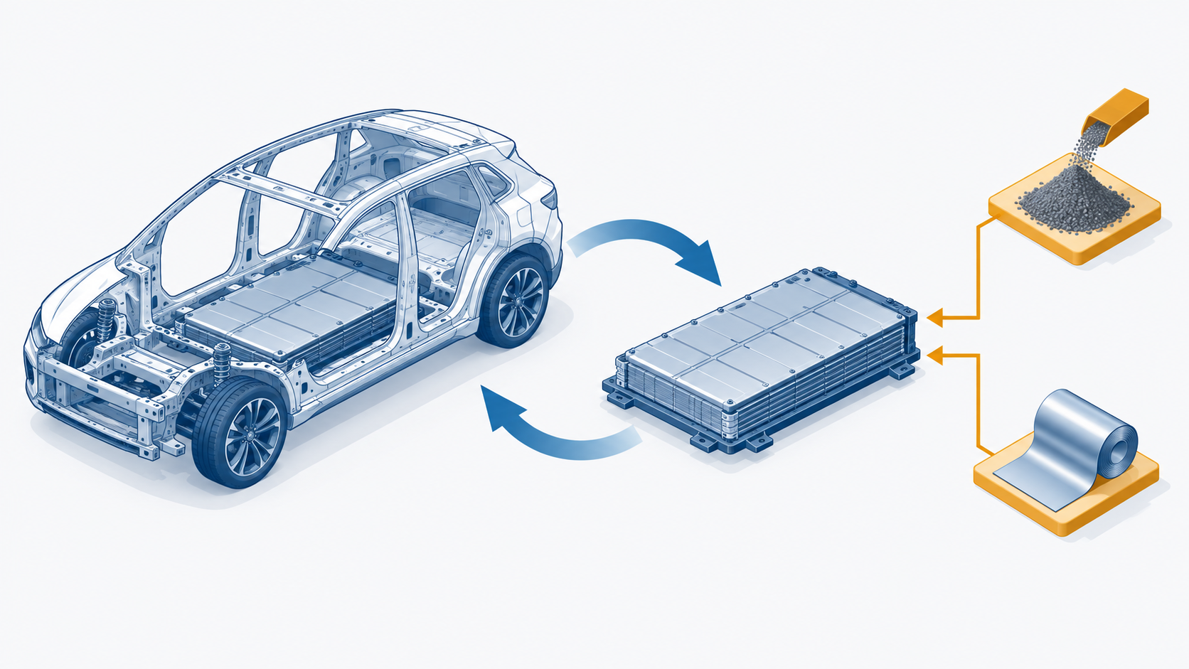 概念図：自動車メーカーが車と電池をセットで開発する体制と、材料メーカーとの分担