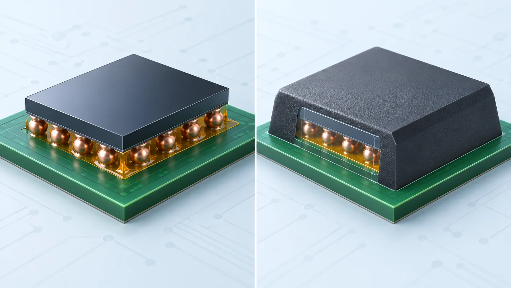 チップ下のアンダーフィルとパッケージ外周を覆う封止材の位置を比較した概念図