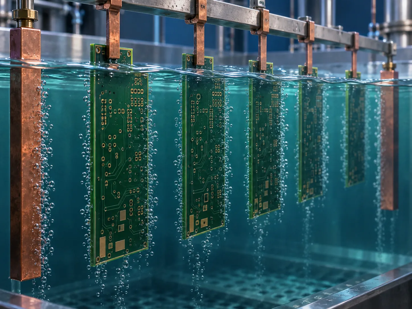 めっき槽の青い液体に基板が整然と吊り下げられ、気泡が立ちのぼっている様子を表した概念イメージ