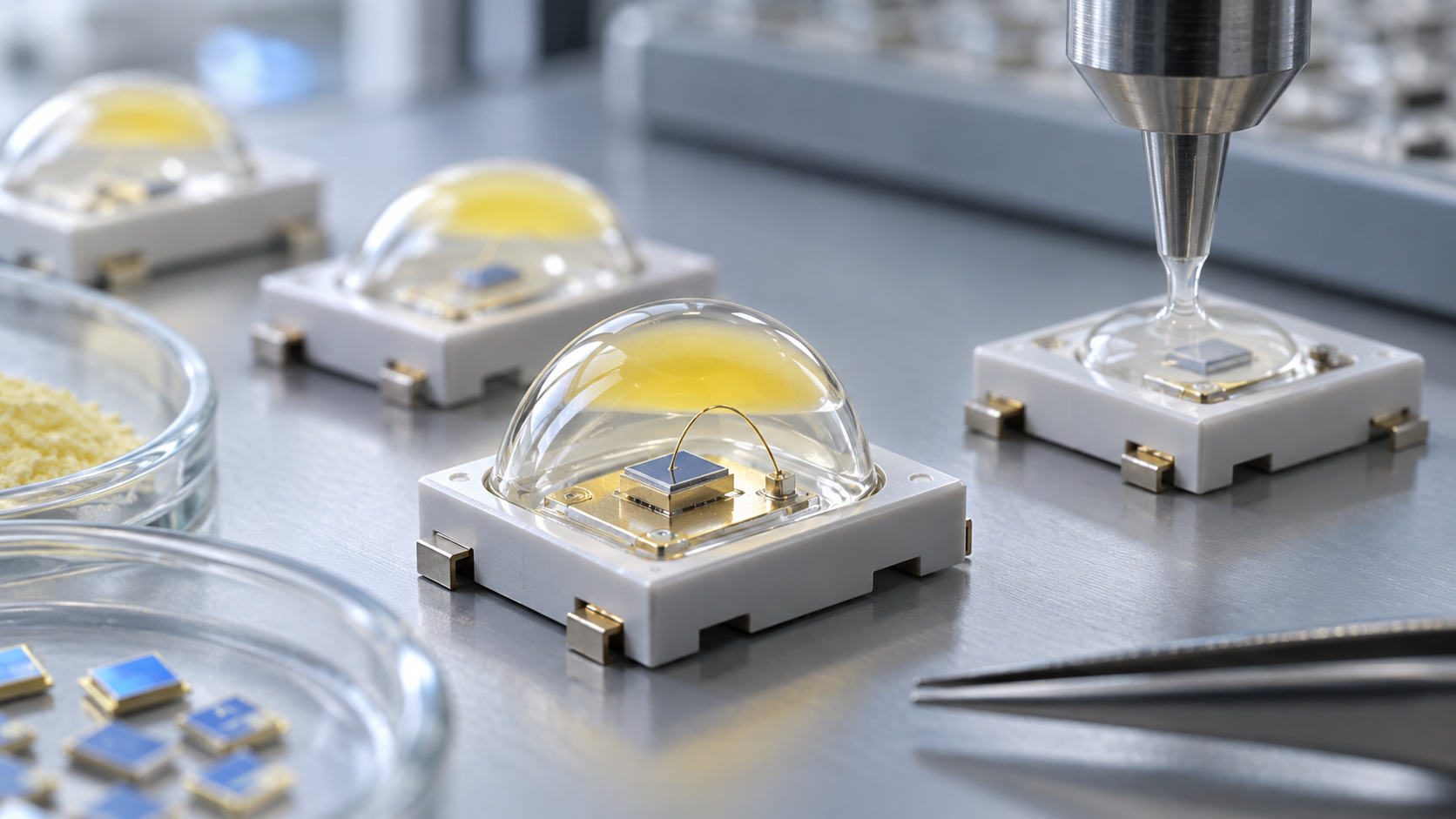 概念図:LEDチップにシリコーン封止材を塗布する工程と、パッケージの断面構造(チップ、接着層、金線、封止材、蛍光体)