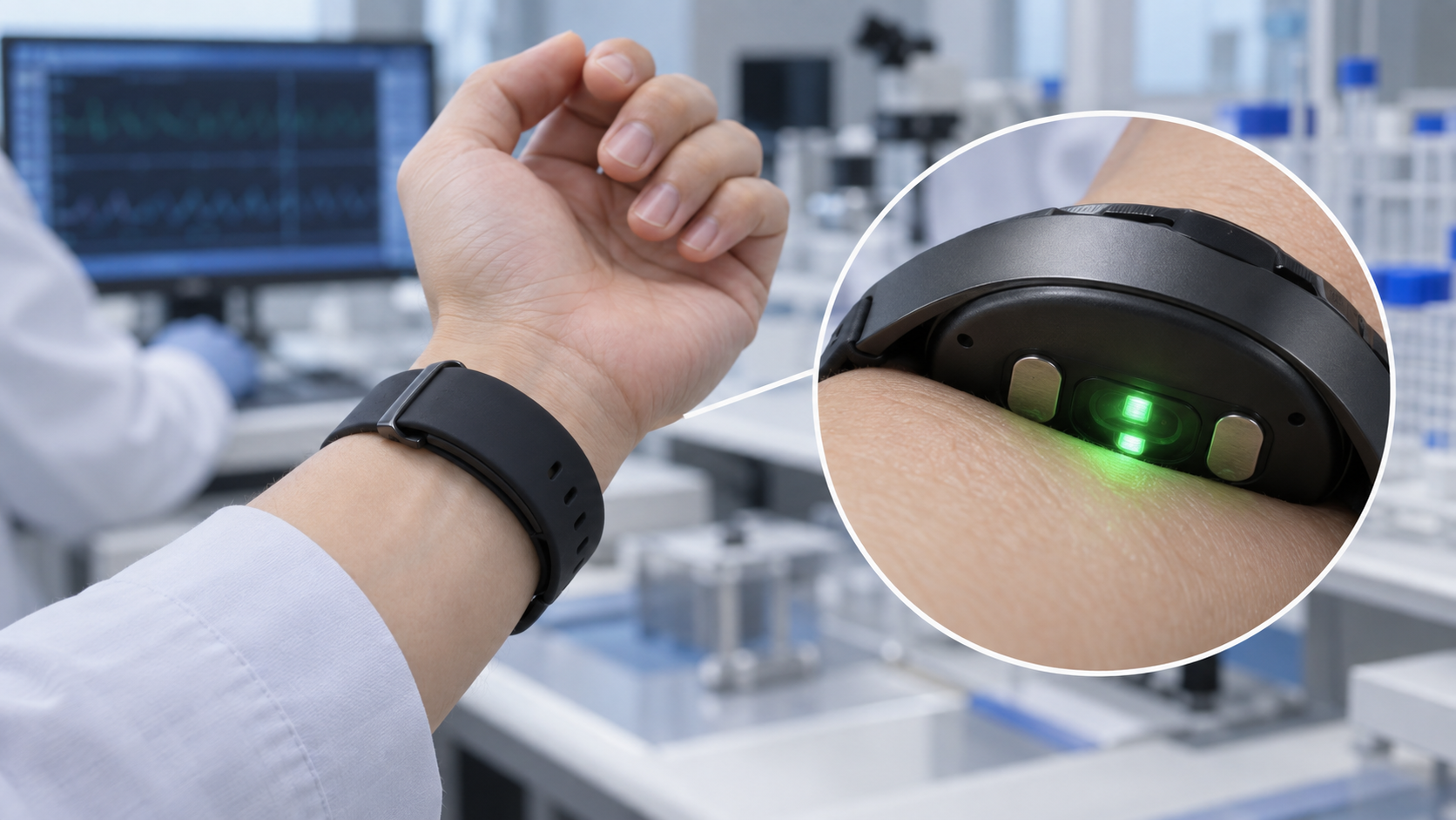 概念図：腕時計型の機器の裏面にある緑色の光と電極が、手首の皮膚に触れて信号をとる様子