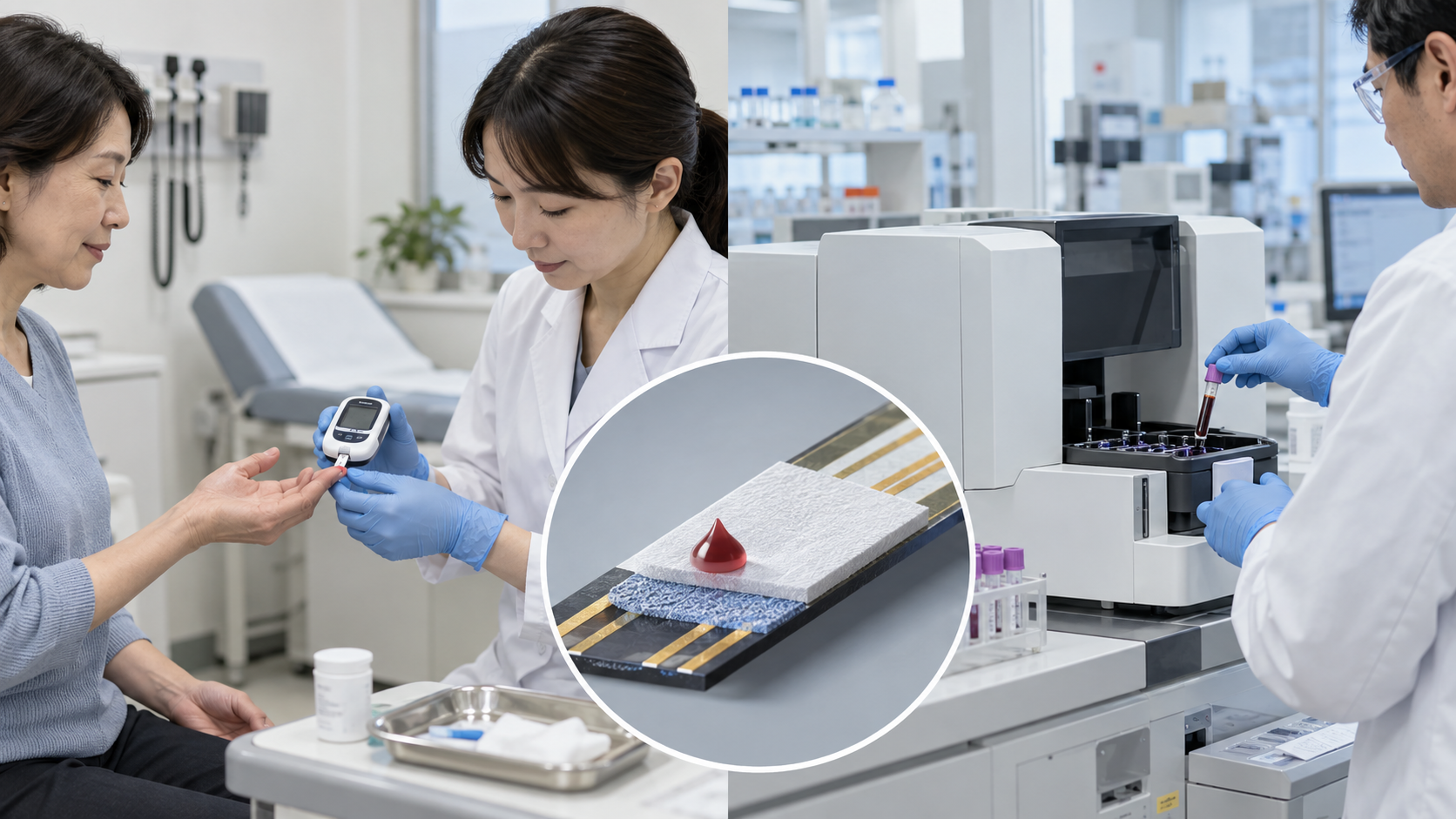 概念図：クリニックの診察室で手持ちの血糖測定器と、検査室の分析装置で糖尿病の検査をする場面