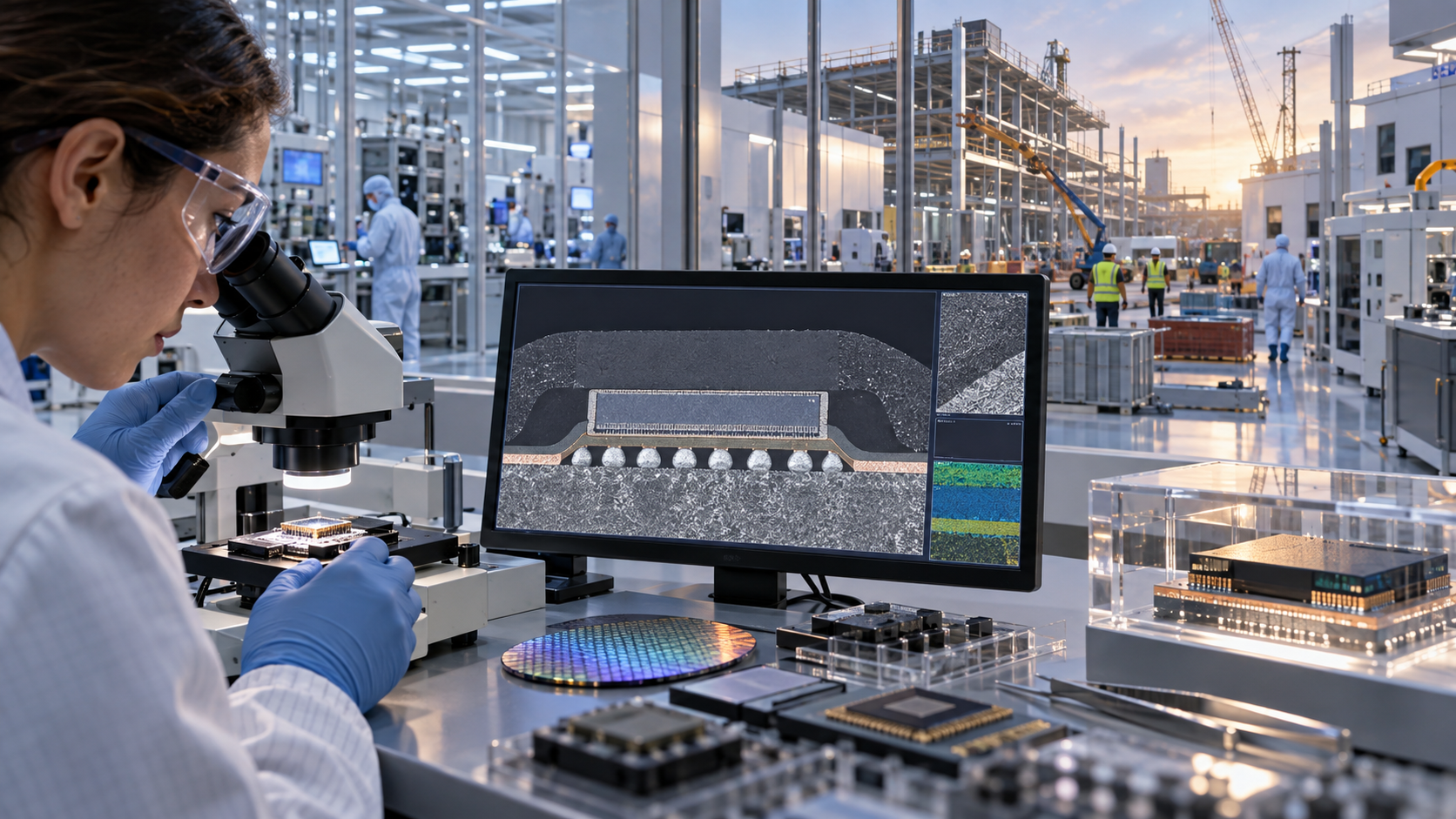 米国と欧州の半導体政策が、研究・製造投資につながる関係を表現。実際の政策手続きや施設ではありません。