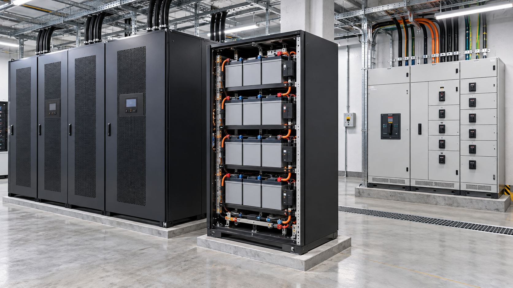 UPSと電池ラックがサーバーへの給電を支える電源室です