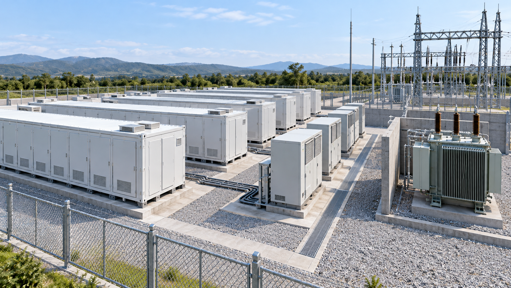 電池コンテナ、電力変換装置、変圧器が系統につながる設備例です