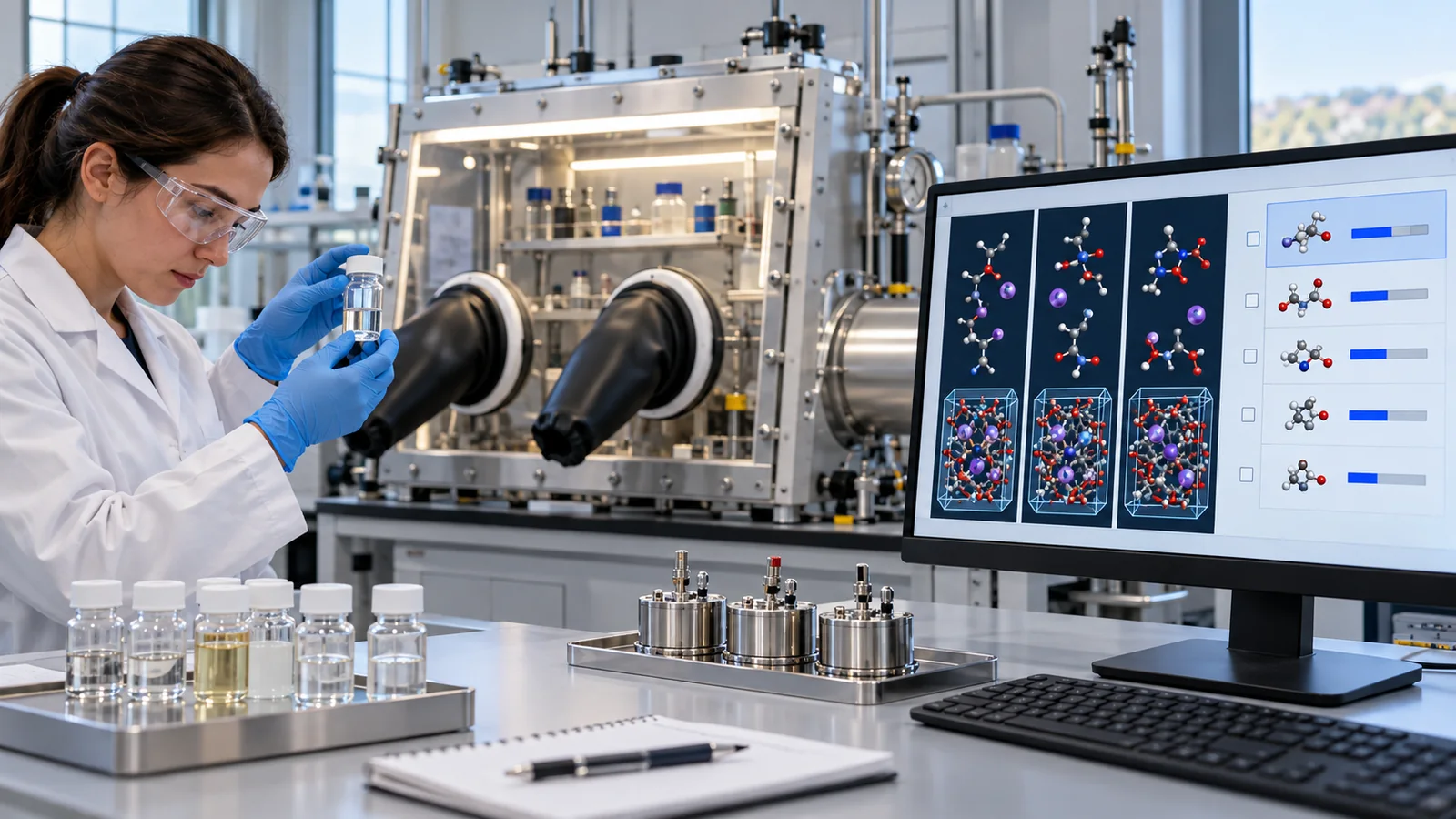 電解液などの候補をデータで絞り、電池の試験で確認する概念です。分子の予測と、セル全体の評価は別の段階です。