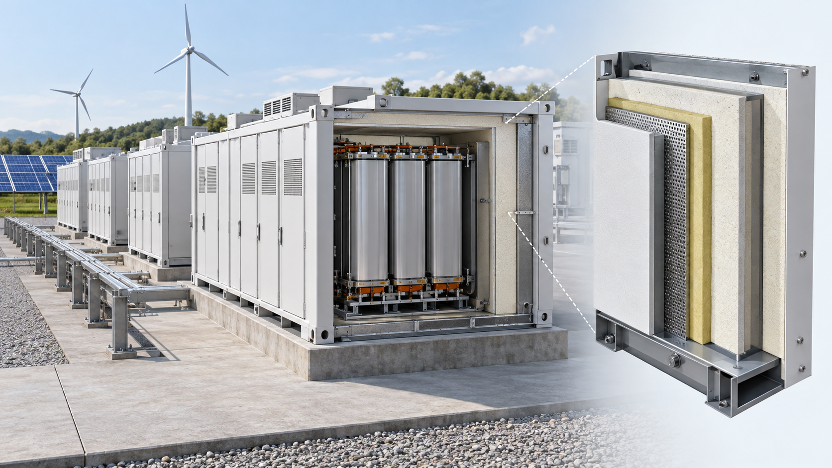 図3 コンテナ型のNAS電池を、再生可能エネルギーの発電所のそばで点検している様子を描いた概念図(AI生成による概念図