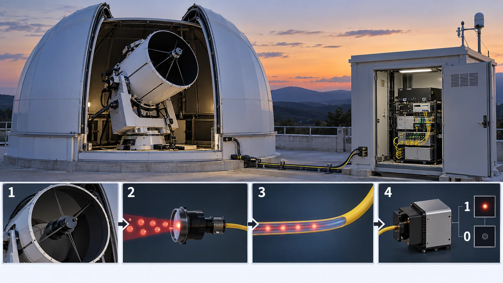 衛星からの光を受ける地上局の場面です。実在の施設・装置・実験結果を示すものではありません。