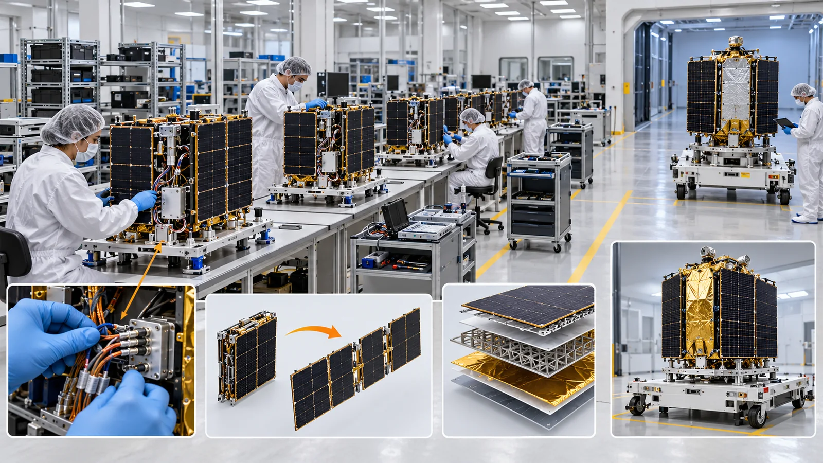 同じ設計を繰り返し作り、検査する工程です。衛星数を増やすには、打上げだけでなく製造と品質管理も必要になります。