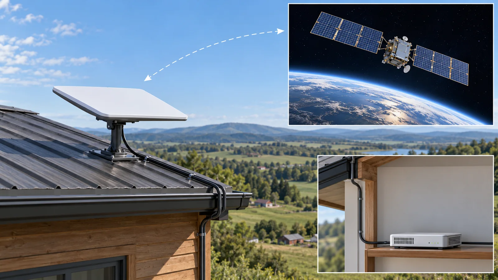 顧客にとっての入口は地上の端末です。上の衛星は別枠の拡大模型で、実際の空にこの大きさで見えるものではありません。