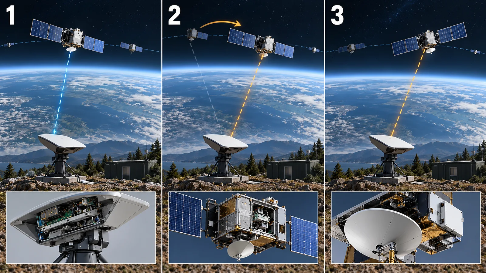 ①通過中の衛星につなぎ、②接続先を引き継ぎ、③次の衛星で通信を続ける考え方です。衛星数や切替時間を示す実測図ではありません。