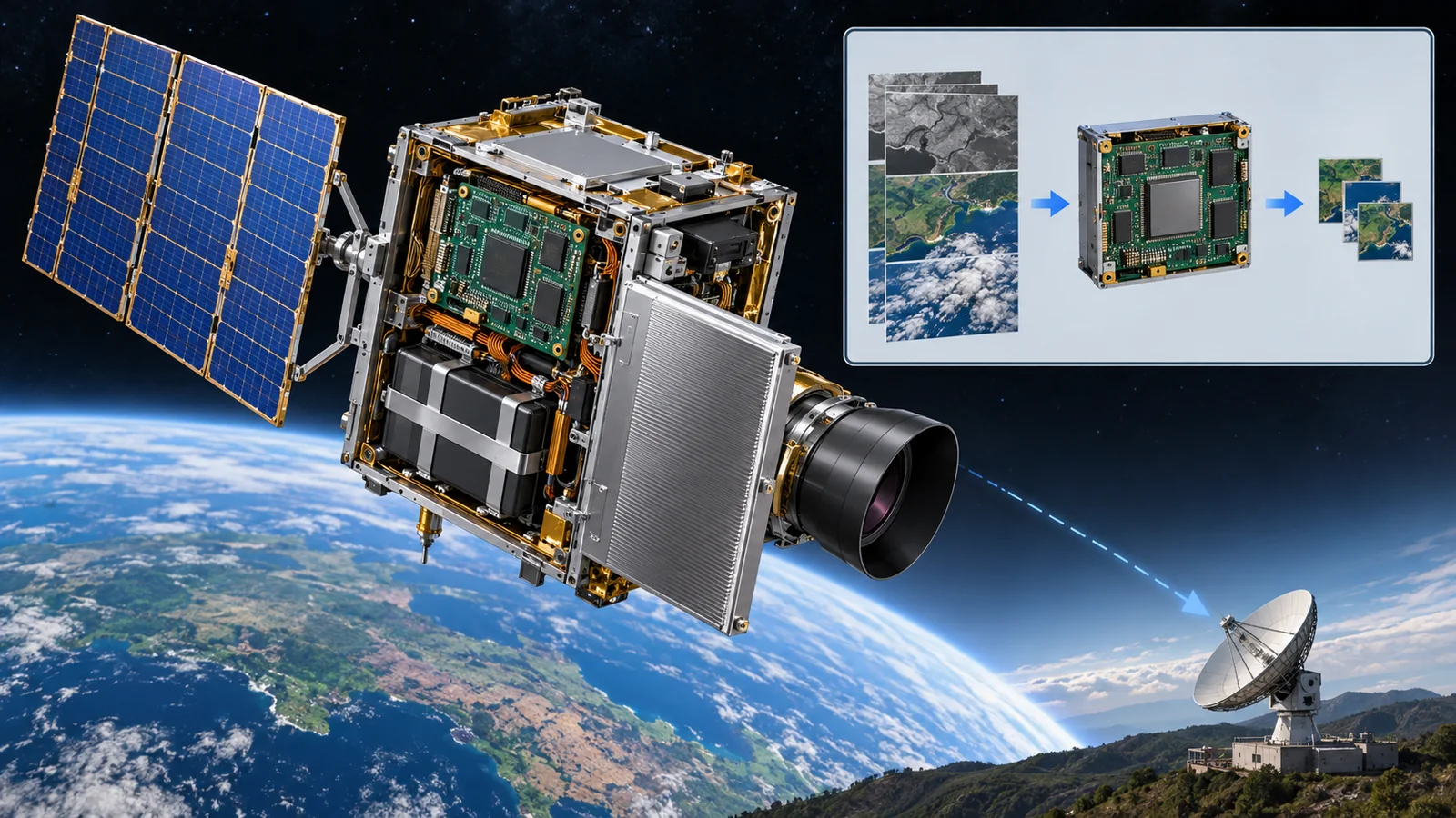 まず、衛星の中でデータを処理する用途を見ます。電源・計算機・放熱器が一緒に必要で、巨大な軌道データセンターが実用化した図ではありません。