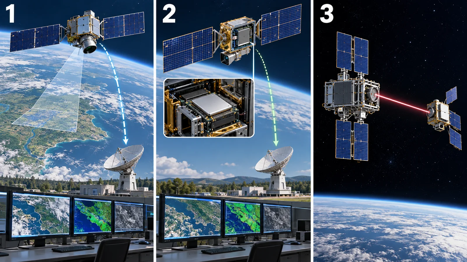 ①地上で処理、②衛星内で処理、③軌道上の別ノードで処理する構想を区別します。③の絵は商用大規模設備の実績を意味しません。