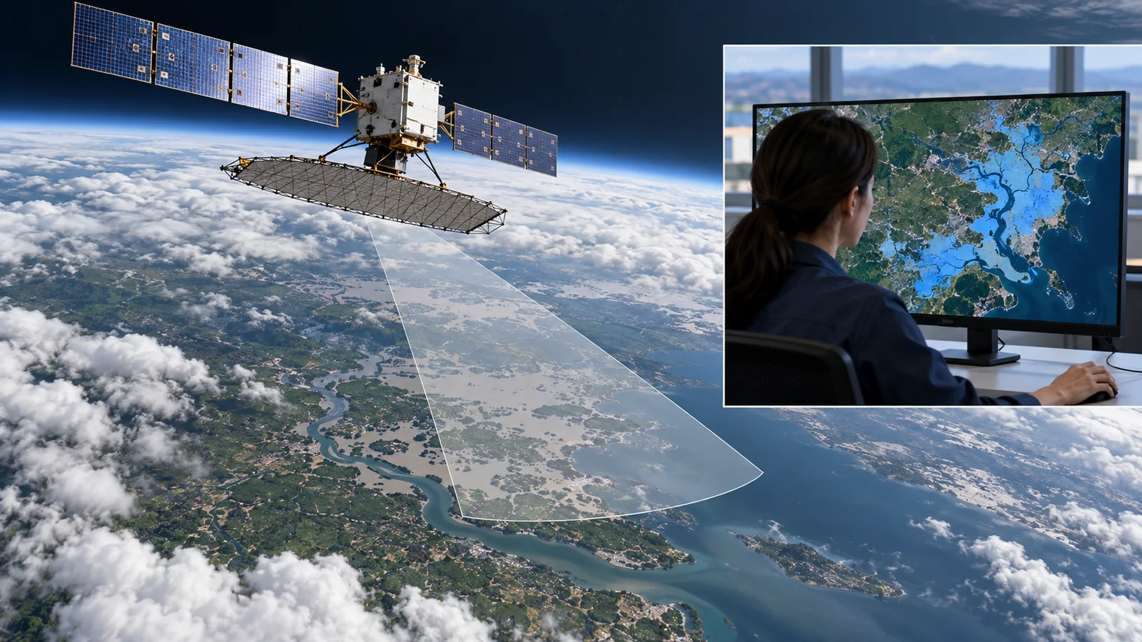 衛星による観測と、地上でデータを利用する仕事を分けて示します。着色した観測域や地図は説明用で、実測画像ではありません。