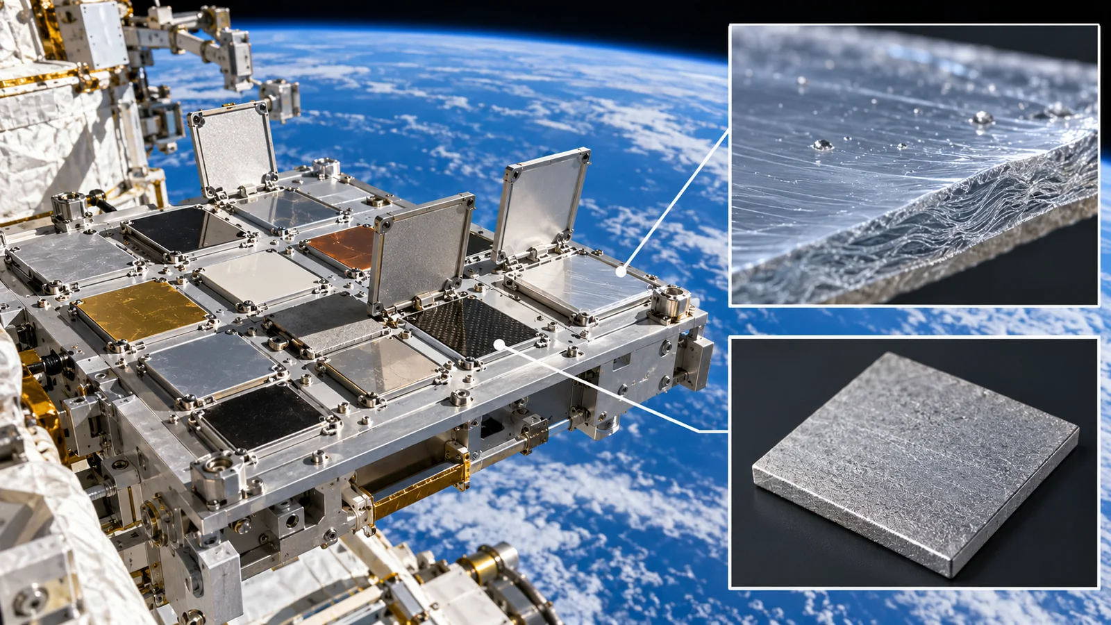 材料試料を宇宙環境に曝して変化を調べる考え方です。拡大した表面は説明用で、写真から劣化量を測ったものではありません。