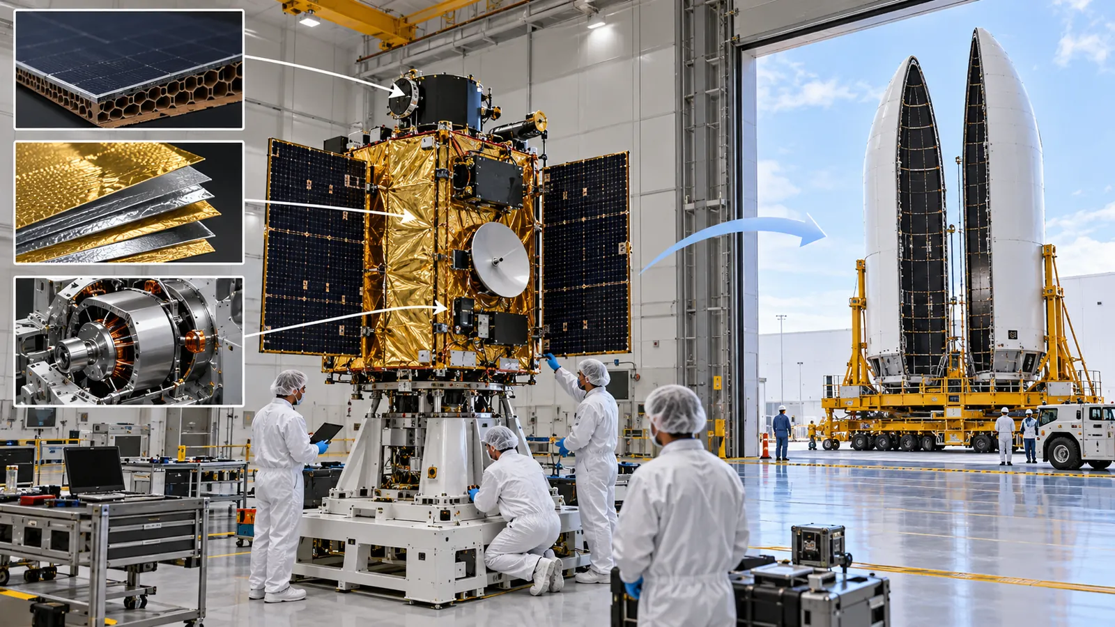 衛星を作る仕事と、宇宙へ運ぶ準備の接点を示します。宇宙産業はロケット本体だけでなく、機体・部品・試験・運用がつながる産業です。