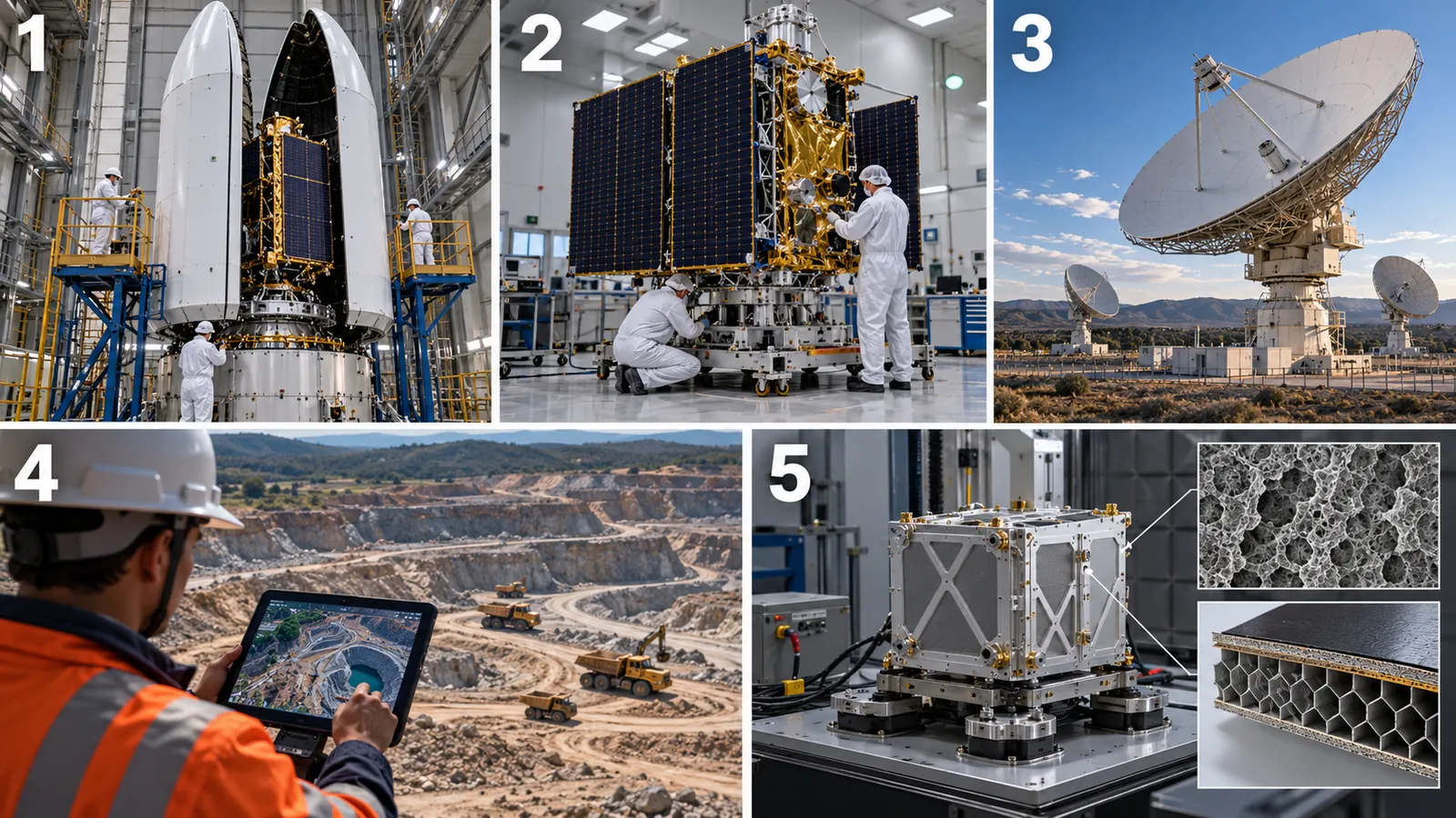 ①輸送、②衛星製造、③地上局、④利用、⑤材料・試験という仕事のつながりです。数字は市場規模や優劣の順位ではありません。