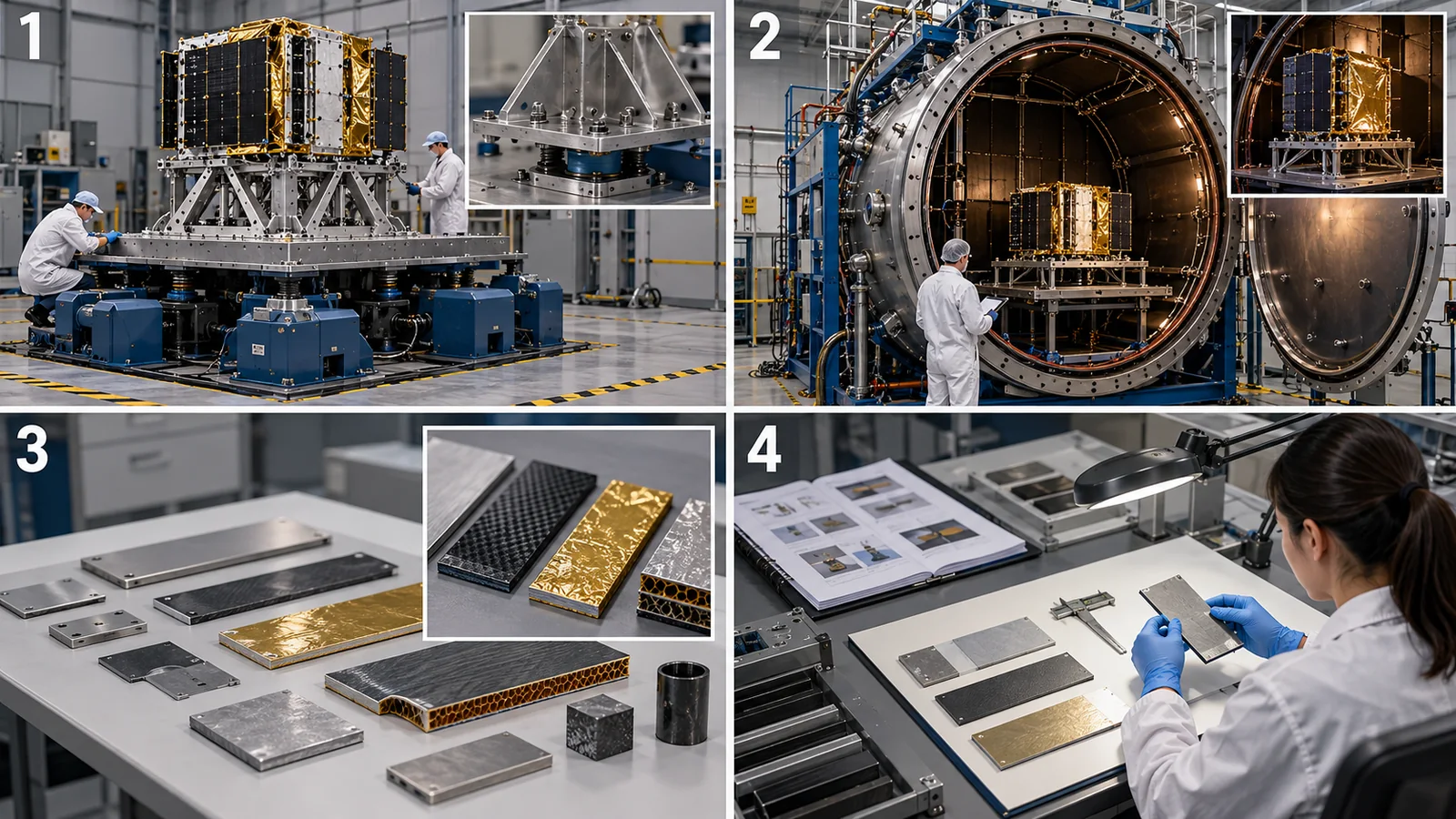 ①振動、②真空熱、③材料試料、④検査記録です。宇宙用途で必要な複数の確認を示し、一台で全ての適合を保証する装置ではありません。