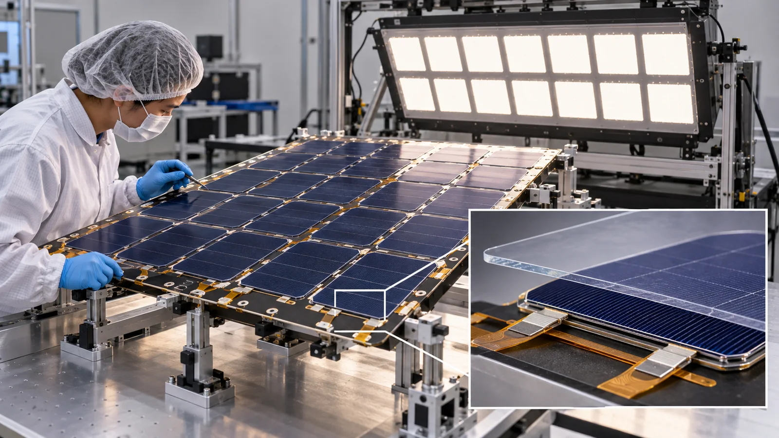 太陽電池セルだけでなく、保護ガラス・接続・支持パネルまでを含めて宇宙用のアレイになります。画面や外観は性能測定結果ではありません。