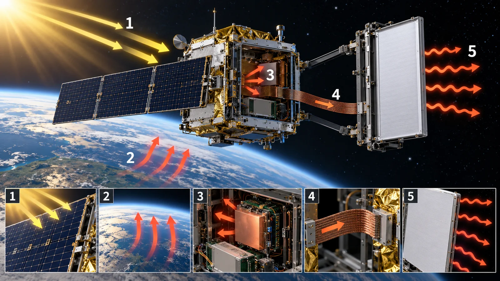 日射・地球からの熱・内部の発熱と、構造内の伝導・宇宙への放射を分けて見ます。周囲の空気による対流は描いていません。