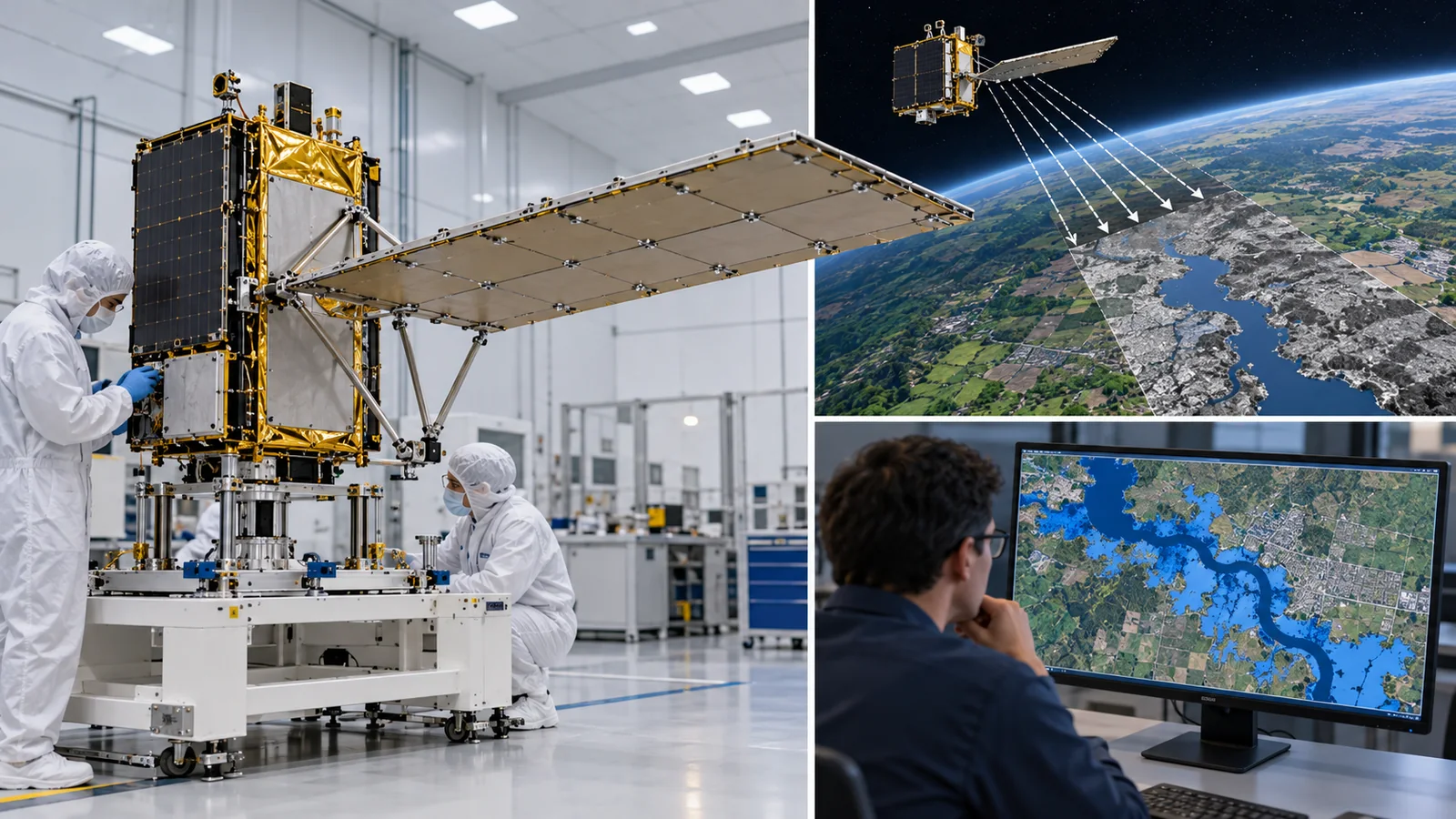 衛星の製造・運用と、観測データを地上の用途へつなぐ仕事を分けています。地図は説明用で実測成果ではありません。