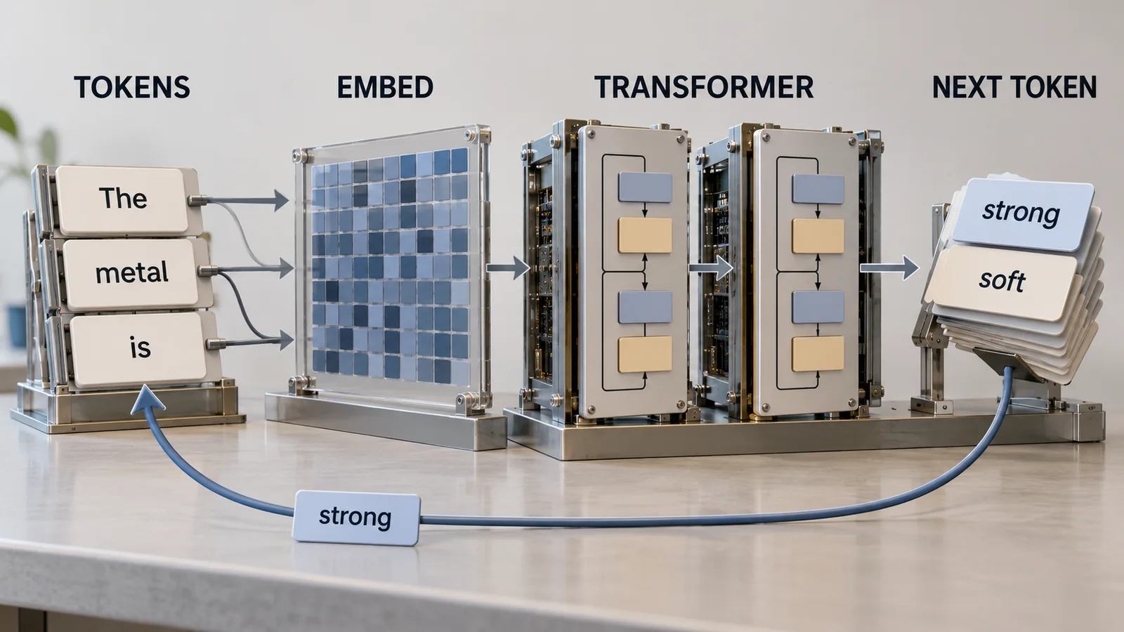 入力をトークンとベクトルへ変え、Transformerで次の候補を計算し、選んだトークンを入力に加えて繰り返します。候補の語は説明用です。