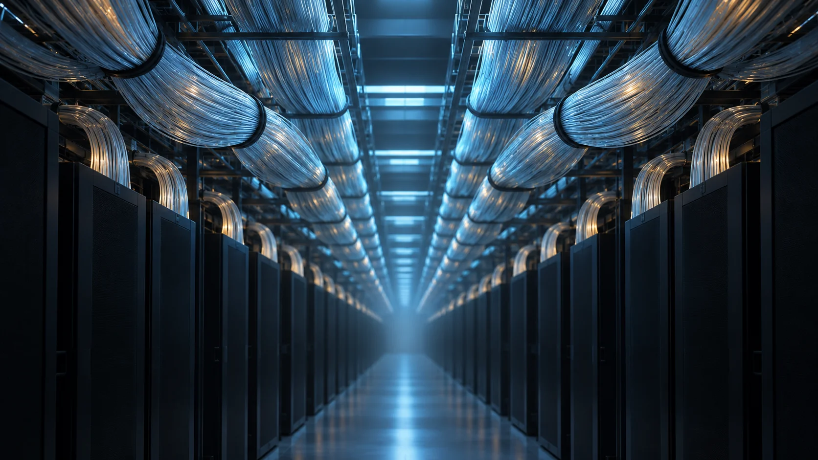 データセンターのラックのあいだを大量の光ファイバケーブルが束になって走っている様子を表した概念イメージ