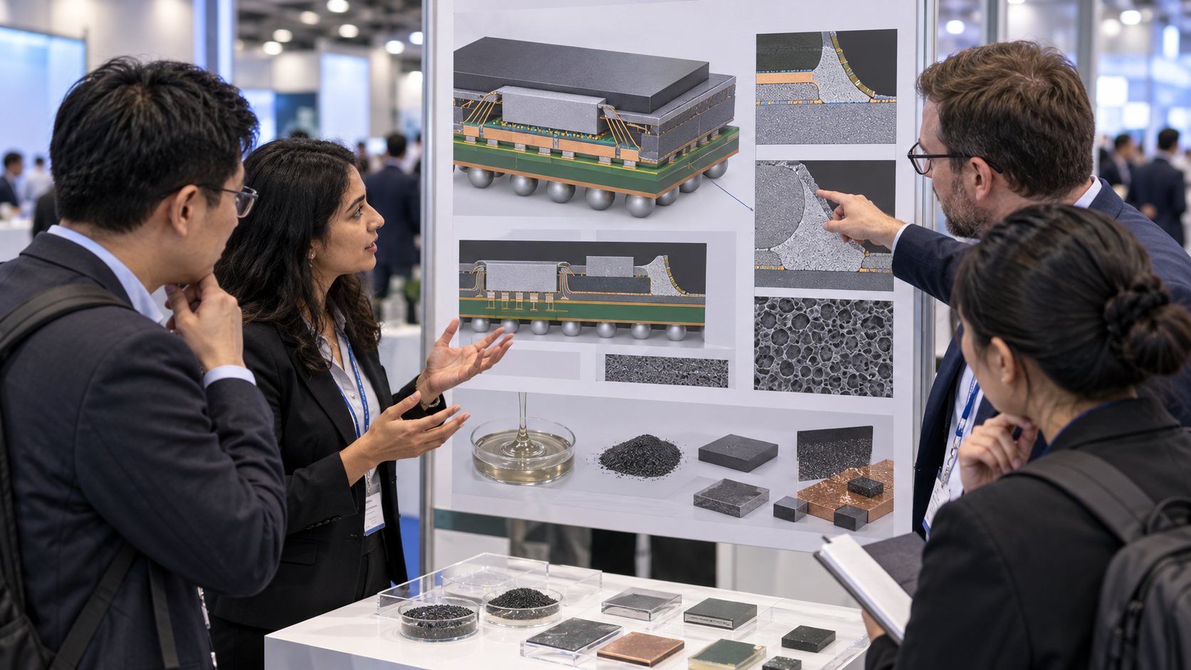 半導体後工程の研究成果が学会で共有される場面。実際のECTC会場や発表ではありません。