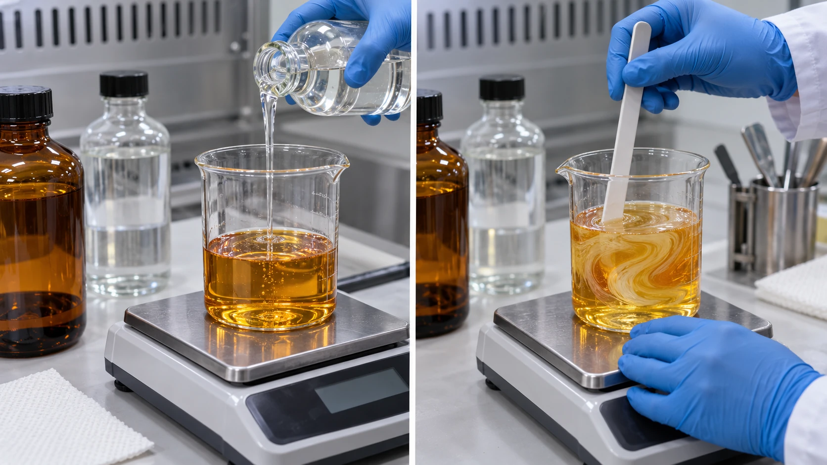 電子天秤の上のビーカーで、琥珀色の粘い樹脂に硬化剤をへらで混ぜ込み、渦を巻くすじができている手元の概念イメージ