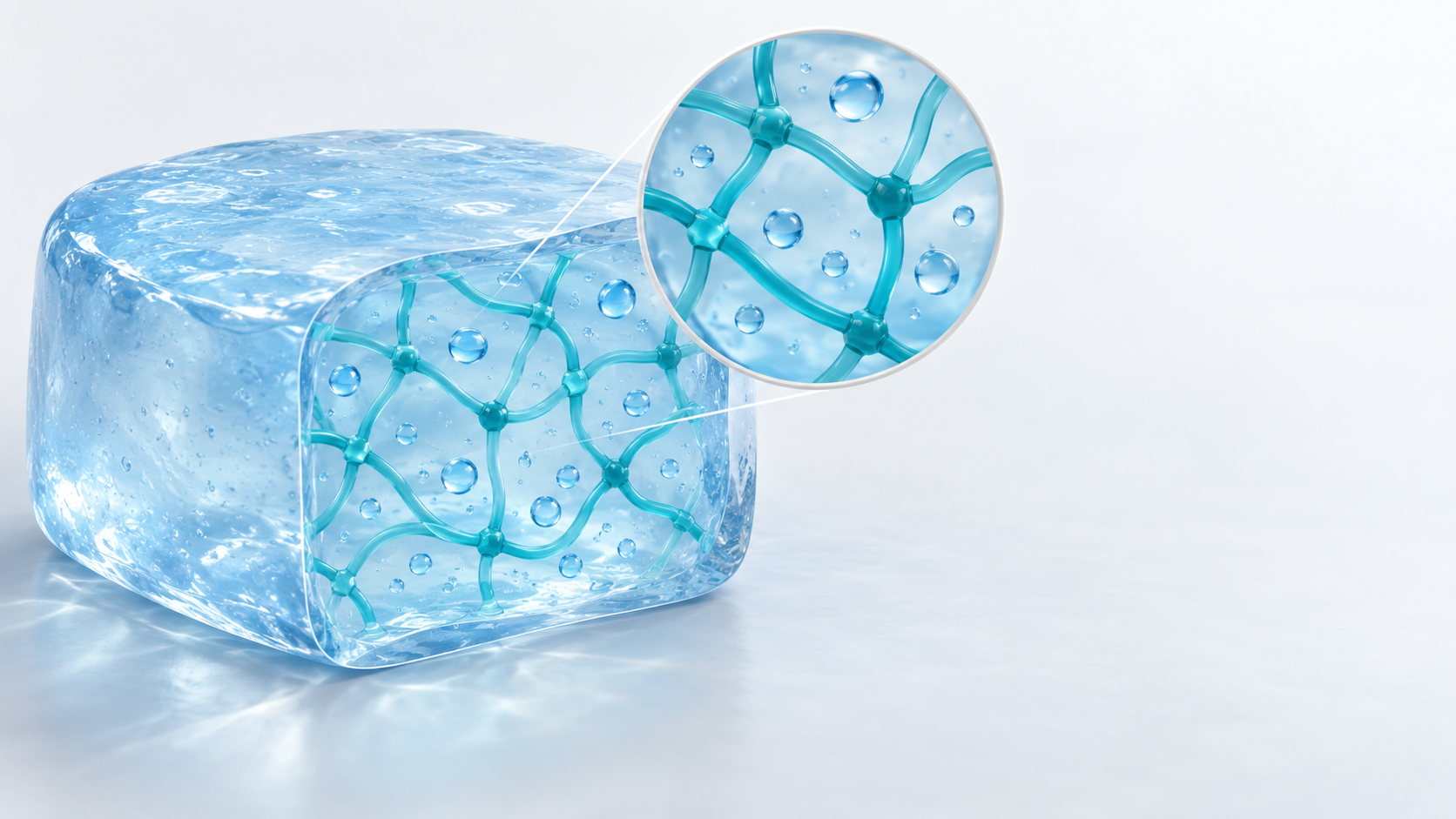 透明なゲルの断面と拡大図。高分子の網目が水を抱えている