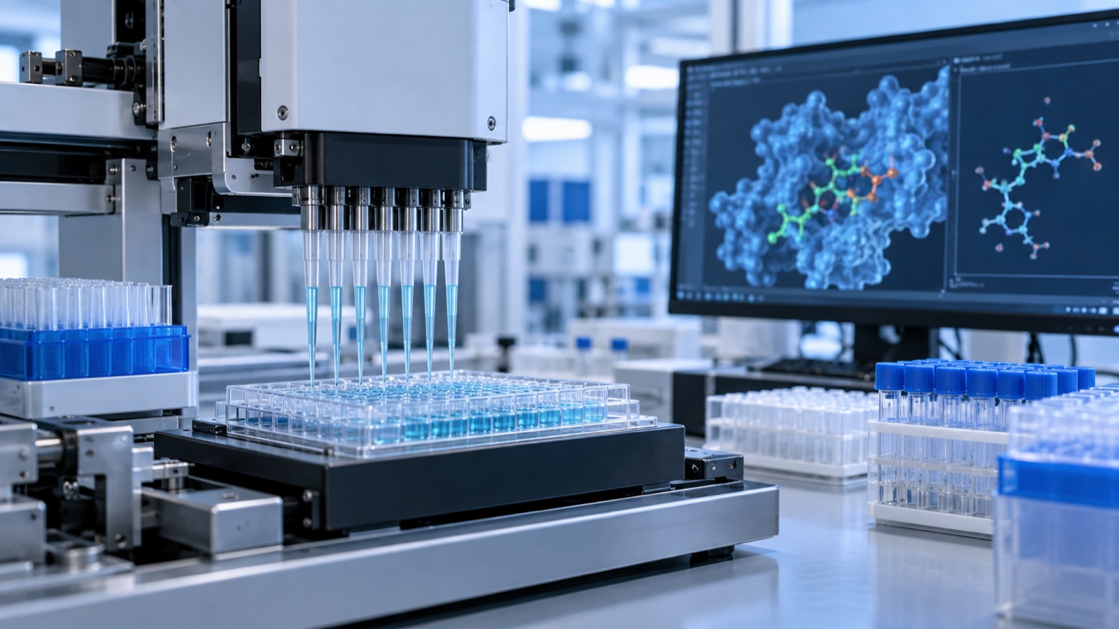 AI創薬の実験・解析工程を具体的に示すImageGen生成の解説用イメージ