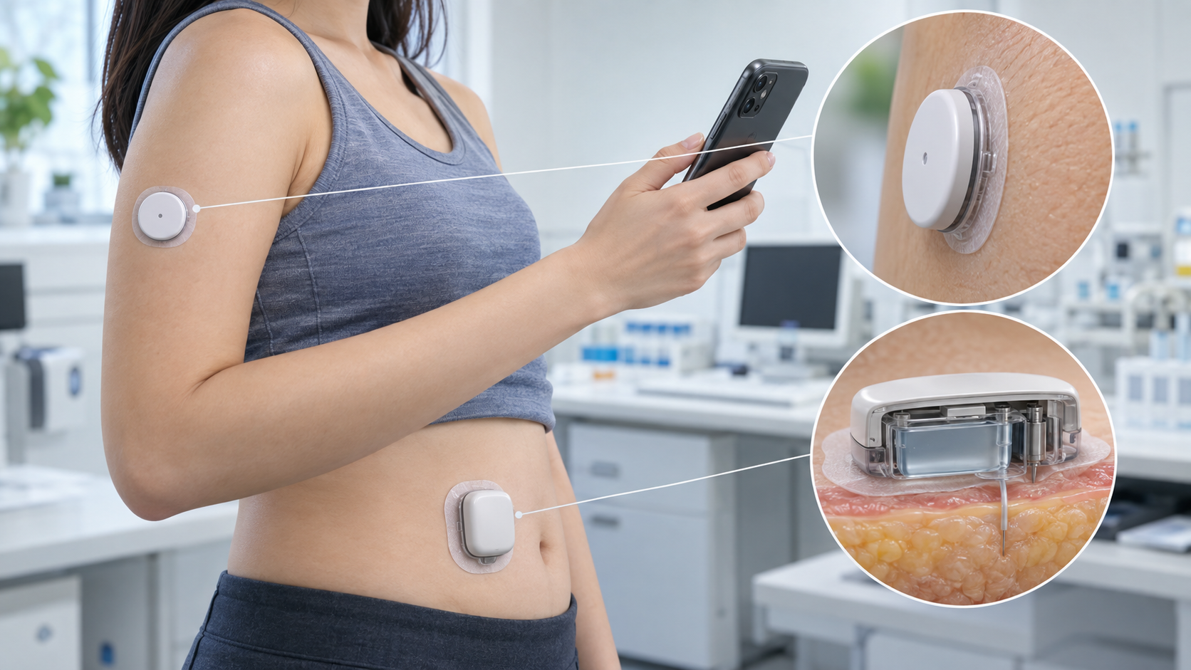 概念図:上腕のCGMセンサーとお腹のPod、スマートフォンでの連携