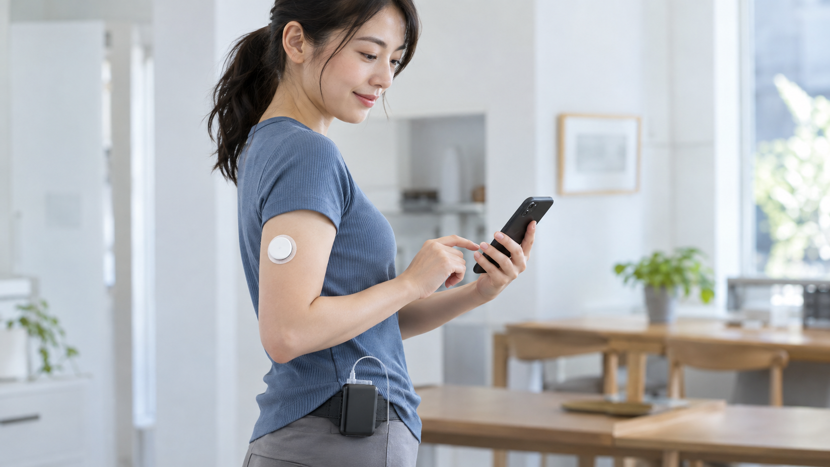 概念図：腕に貼ったセンサーの値を受けて、腰のインスリンポンプがスマートフォンのアプリと連携して投与量を調整する場面