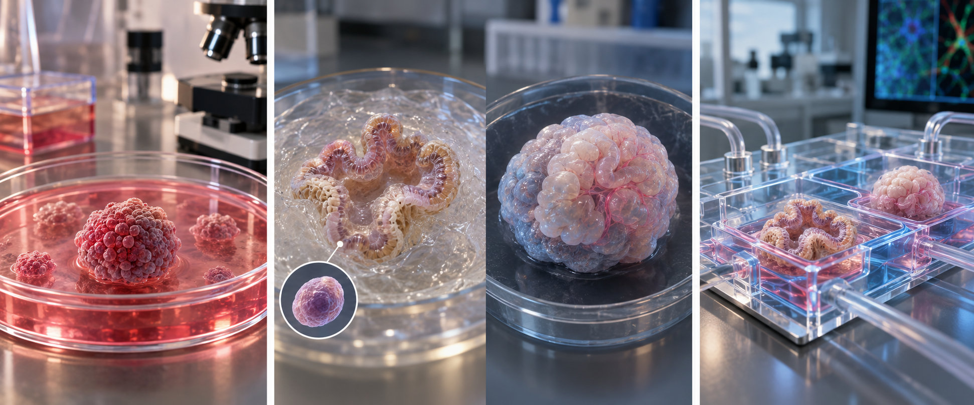 初期のスフェロイド培養からオルガノイド培養、創薬応用へ進む研究の流れを象徴的に描いたAI生成画像