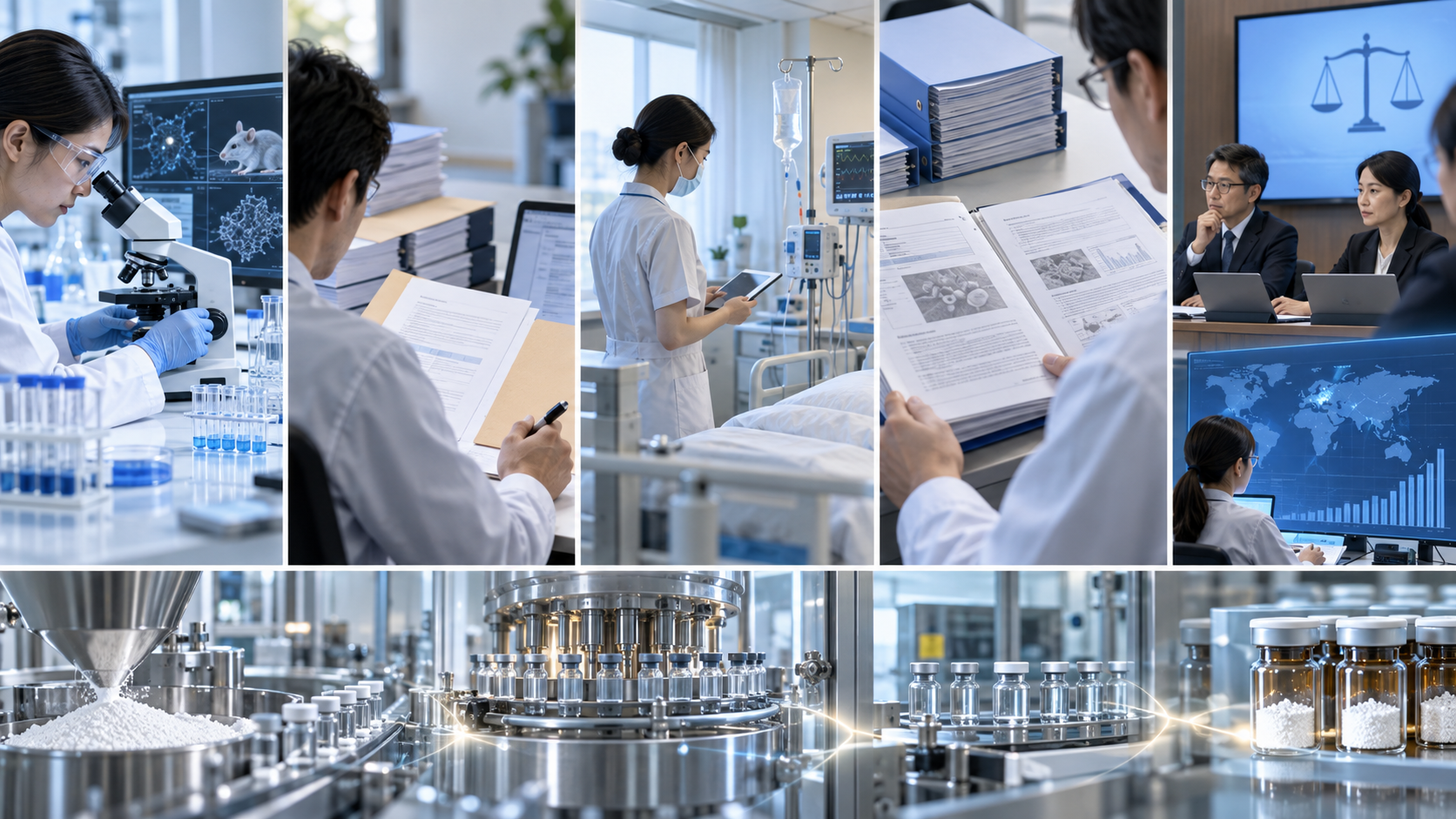 非臨床から承認審査までの五段階と、並走する製造・品質管理を写真調で示す概念図