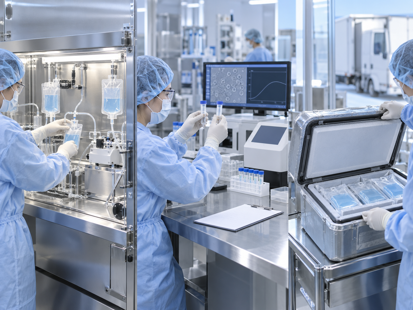 左から、少量の細胞製品を閉鎖系で製造し、試料を検査して記録し、輸送容器へ収める場面を並べた概念図