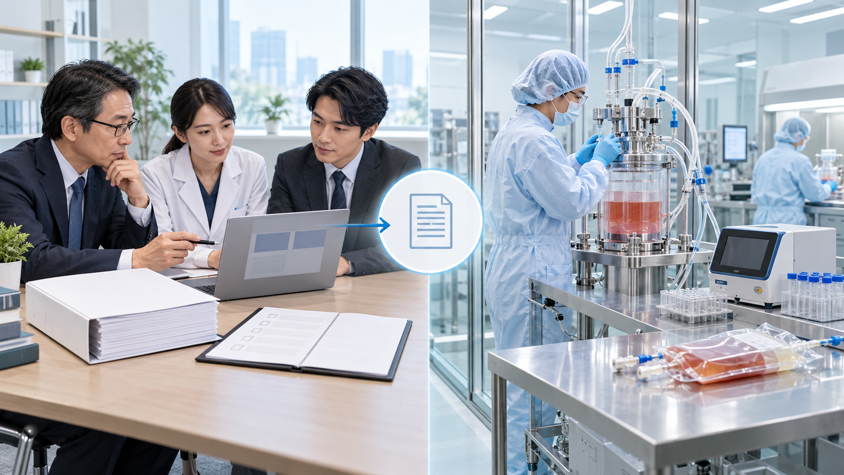 左側に開発・審査資料を検討する場面、右側に細胞製品の閉鎖系製造設備と品質確認の場面を並べた概念図