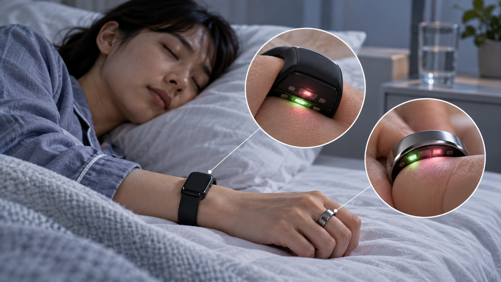 概念図：睡眠中の人の手首の腕時計型機器と、指輪型機器の内側の光が皮膚に触れて信号をとる様子