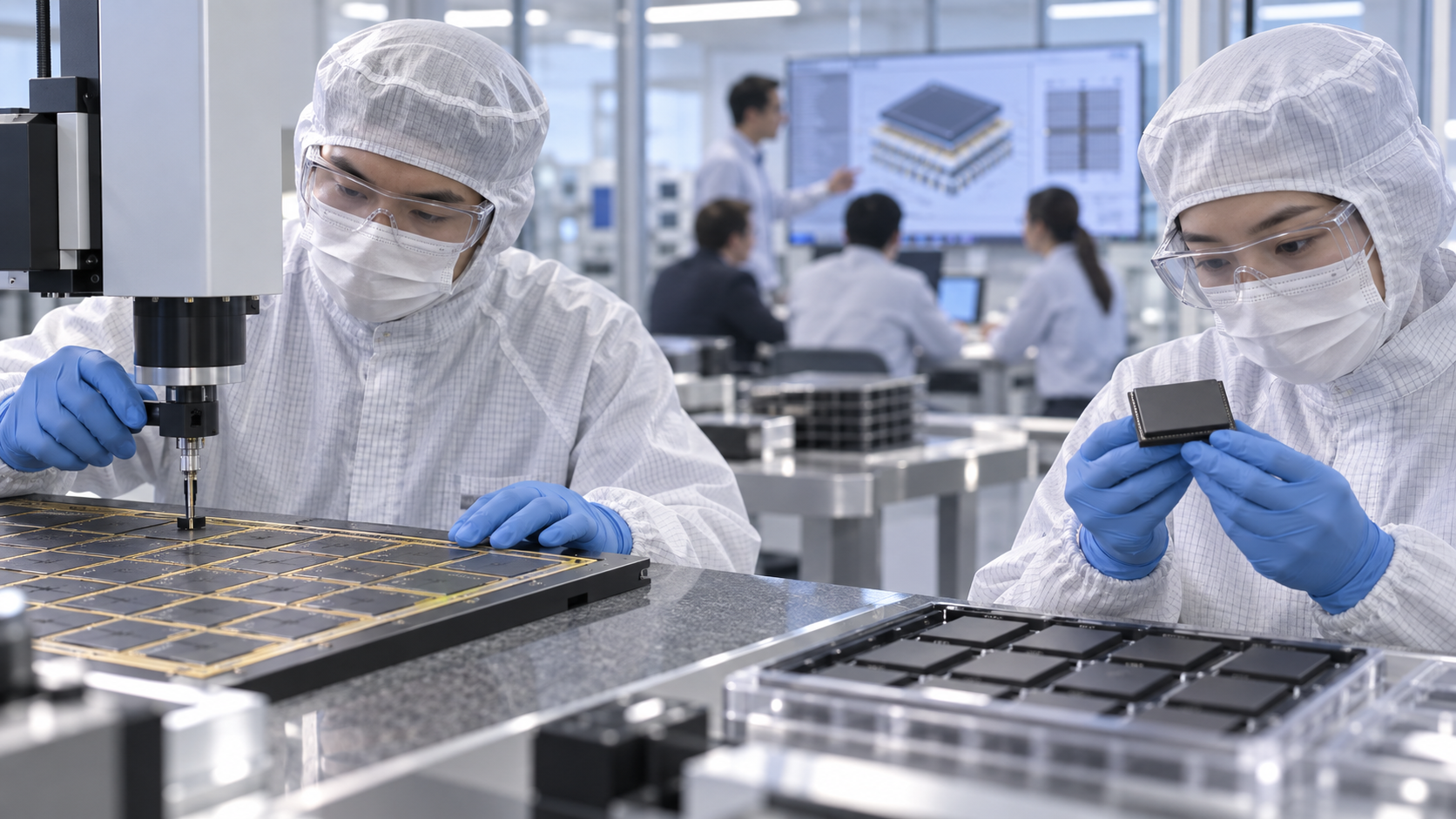 半導体の材料・装置の共通仕様を業界で調整する場面。実際のSEMI会議や認証を示しません。